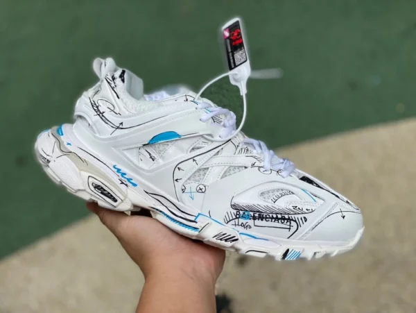 バレンシアガ1.0 グラフィティ ホワイト ブルー M 純正オリジナル Balenciaga Track 1.0 Grafhti メッシュ レースアップ ロートップ ダッドシューズ 542023W3SR