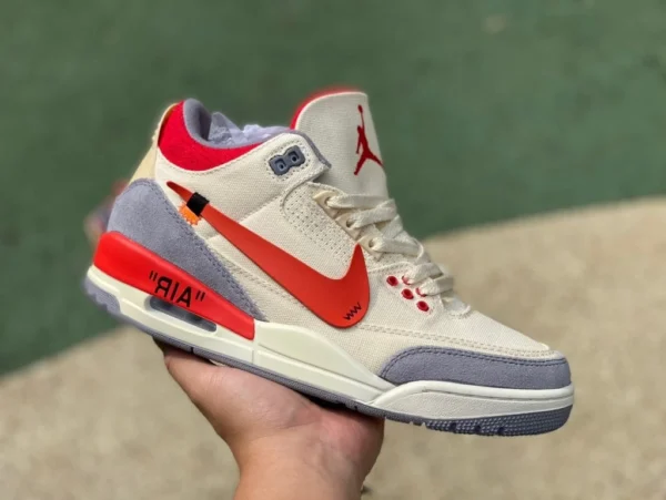 AJ3 キャンバス ホワイト レッド オウジョイント OFF-WHITE x Air Jordan 3 AJ3 コットン ダメージ加工 オフホワイト ミッドトップ DH7139-100