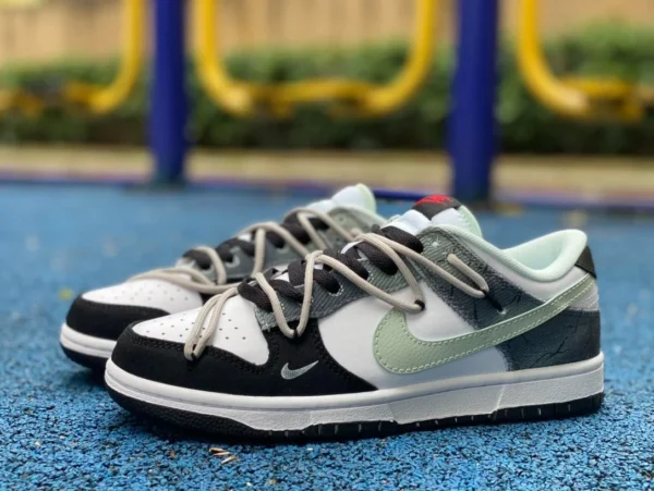 ダンク ストラップ 黒と白 緑 Nike Dunk Low 811 製造ダークパターン ハイストリート スタイル デコンストラクト 手描き スプレー ペイント ローカット スニーカー 黒と白 緑 DV0827-100